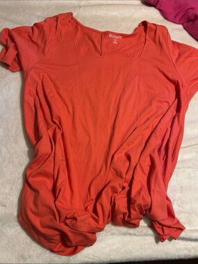 Roaman's Coral-Red Short Sleeve Scoop Neck Top